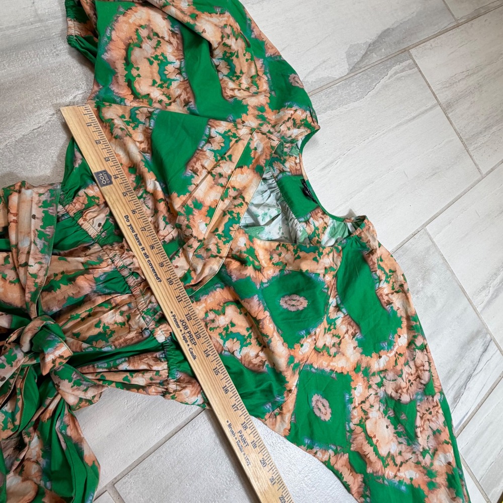 Karen Millen Green Tie Dye Ikat Cotton Maxi Dress Puff Sleeve Wrap Belted US 10 - Picture 3 of 7